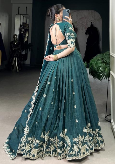 Blue Embroiderd Blended Lehenga Set