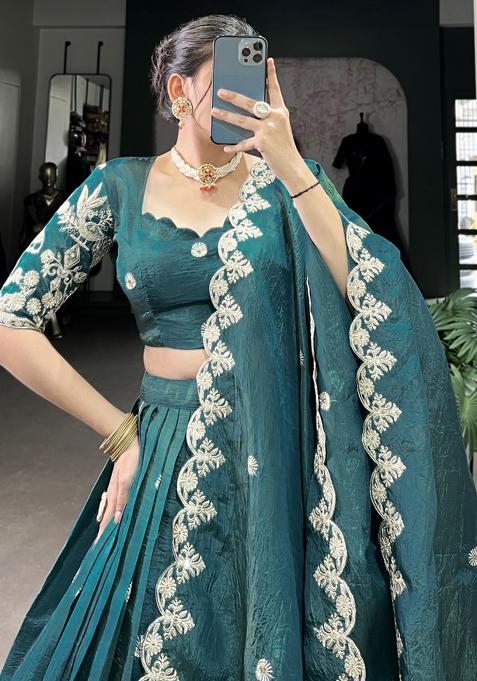 Blue Embroiderd Blended Lehenga Set