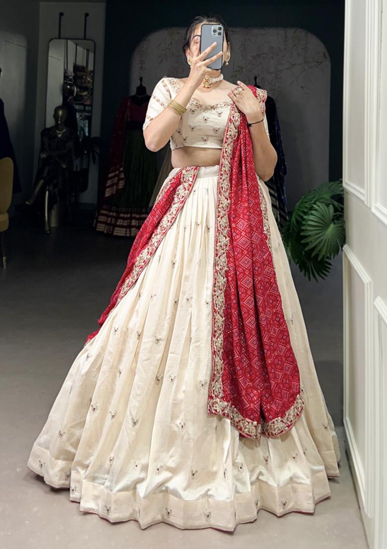White Embroiderd Silk Lehenga Set - Indya