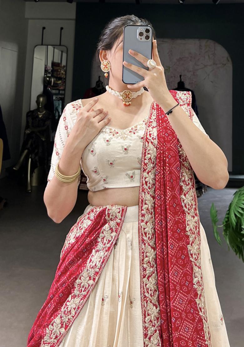 White Embroiderd Silk Lehenga Set - Indya