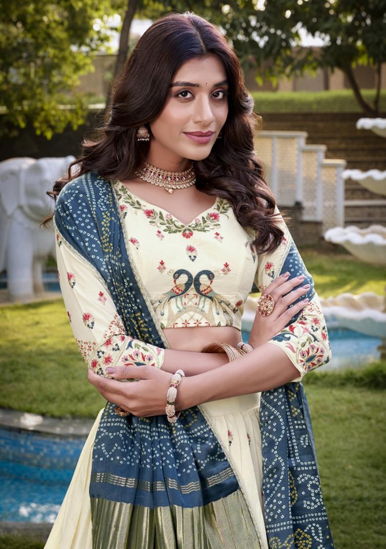 Blue Embroiderd Cotton Lehenga Set - Indya