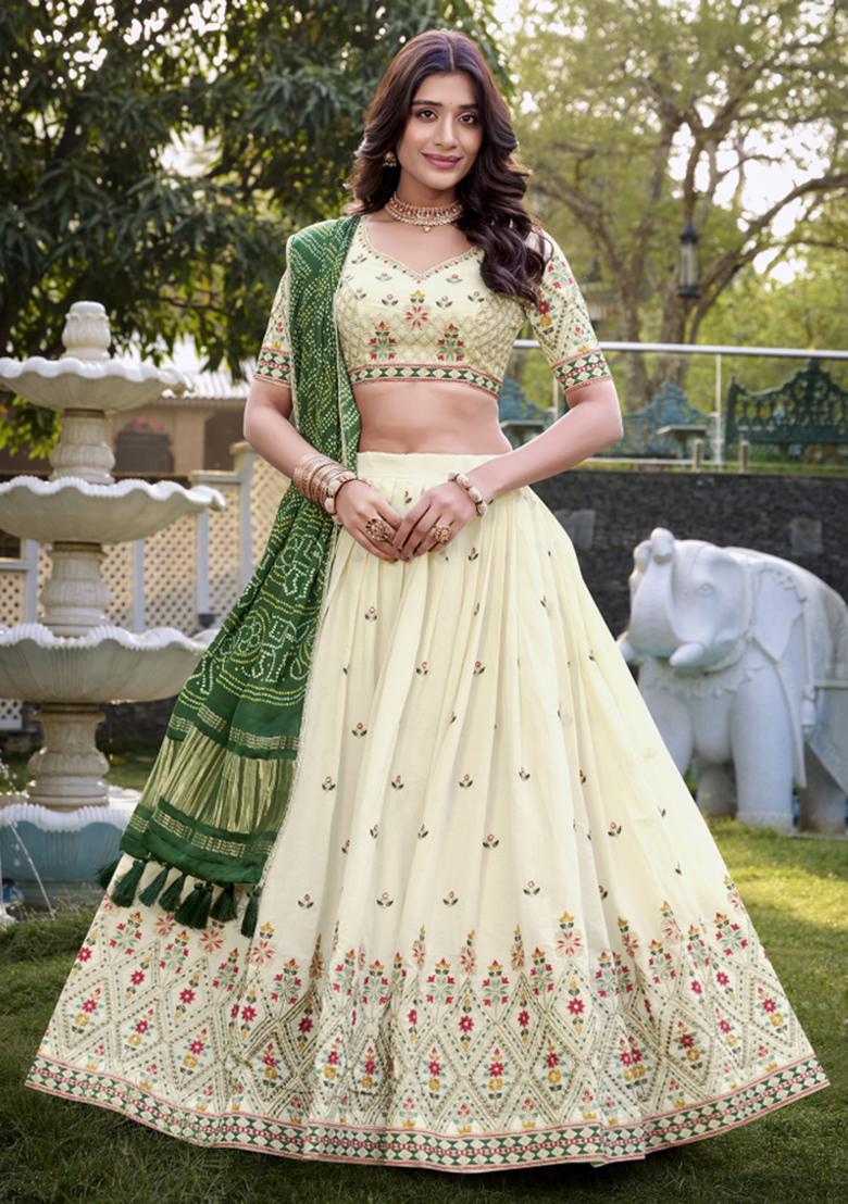 Green Embroiderd Cotton Lehenga Set - Indya