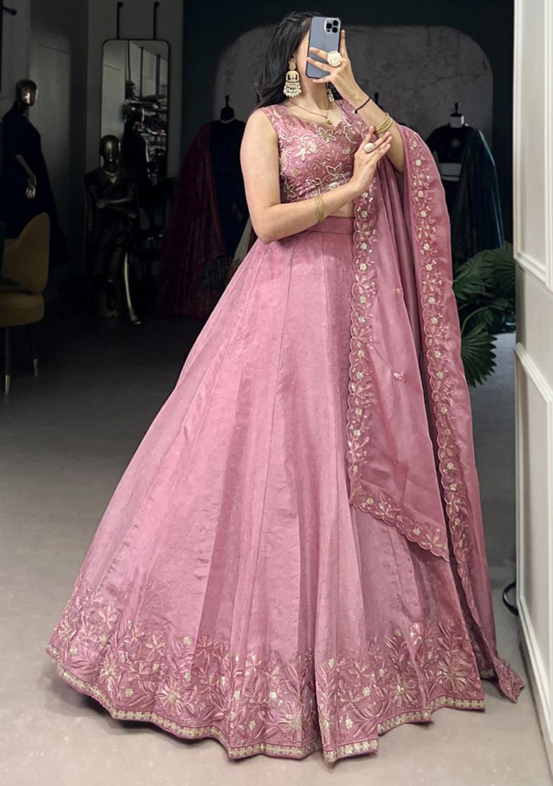 Pink Embroiderd Blended Lehenga Set - Indya