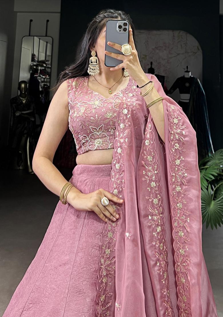 Pink Embroiderd Blended Lehenga Set - Indya