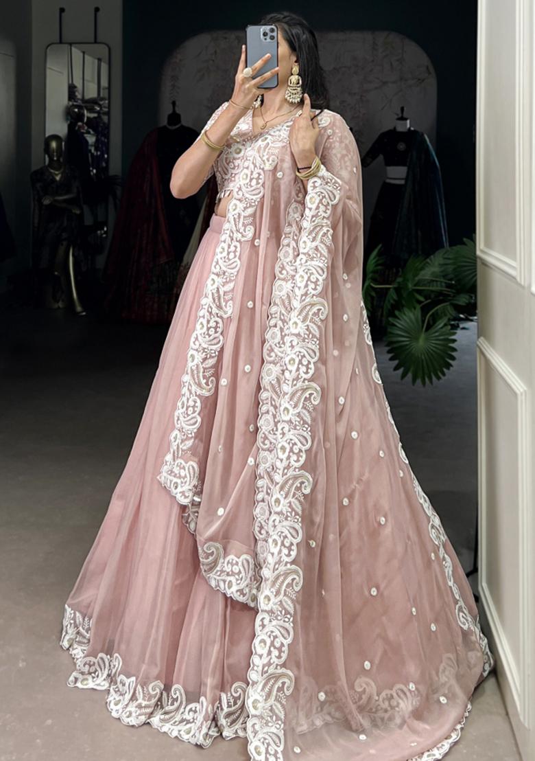 Peach Embroiderd Silk Lehenga Set - Indya