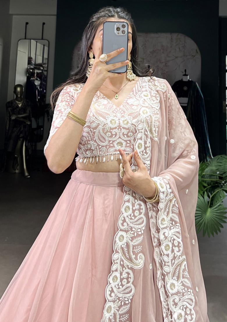 Peach Embroiderd Silk Lehenga Set - Indya