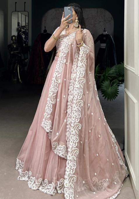 Peach Embroiderd Silk Lehenga Set
