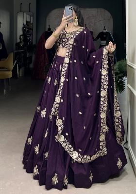 Purple Embroiderd Silk Lehenga Set