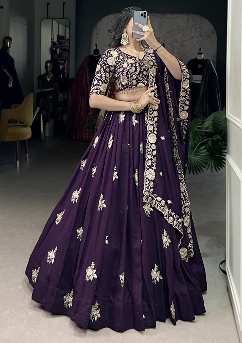 Purple Embroiderd Silk Lehenga Set - Indya