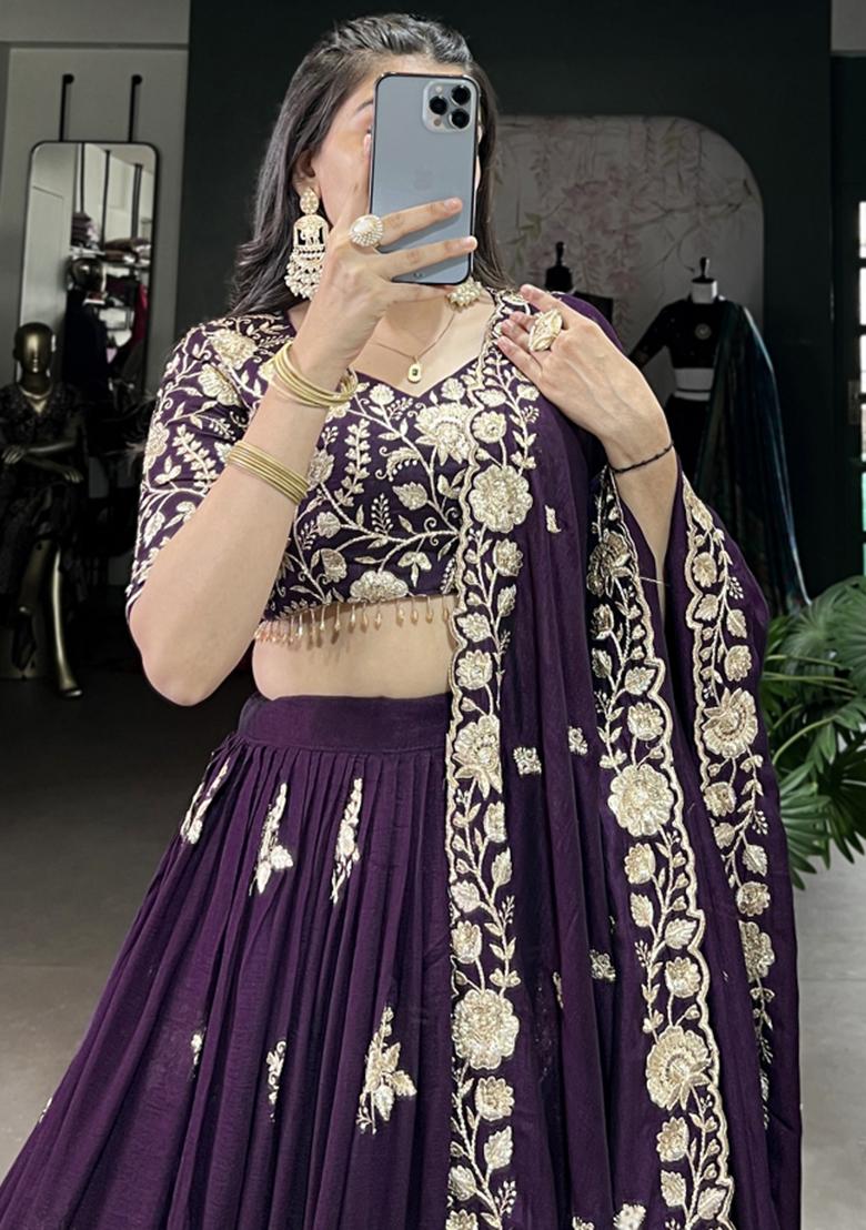 Purple Embroiderd Silk Lehenga Set - Indya