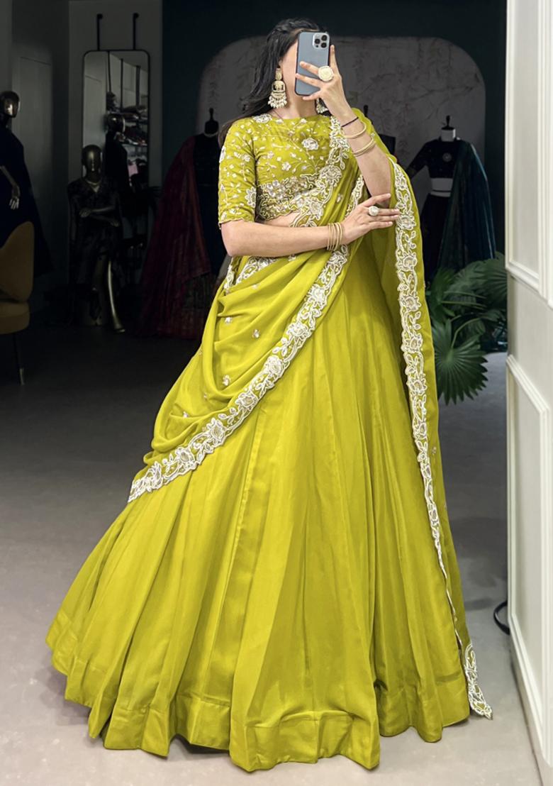 Green Embroiderd Georgette Lehenga Set - Indya