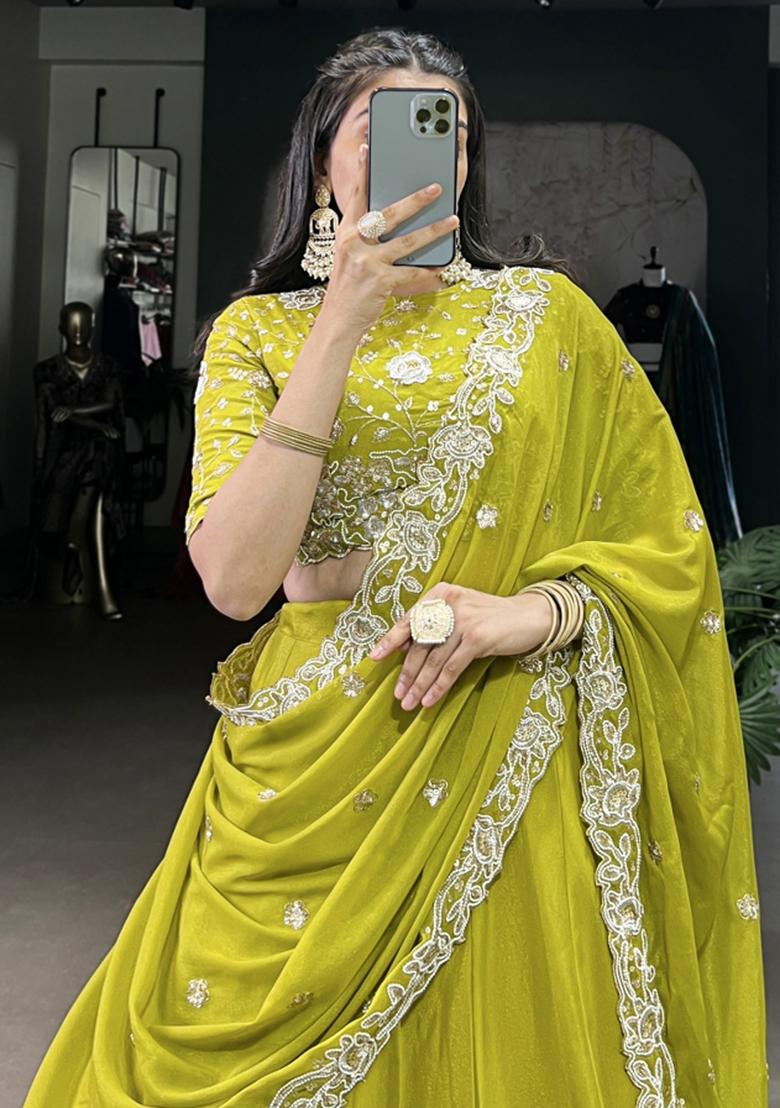 Green Embroiderd Georgette Lehenga Set - Indya