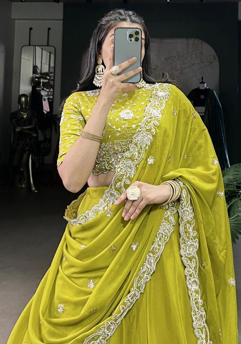 Green Embroiderd Georgette Lehenga Set