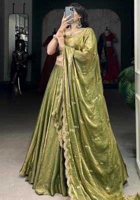Green Embroiderd Blended Lehenga Set