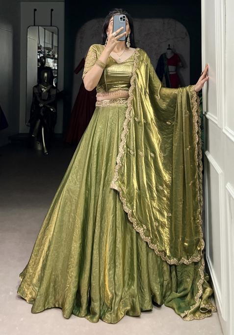 Green Embroiderd Blended Lehenga Set