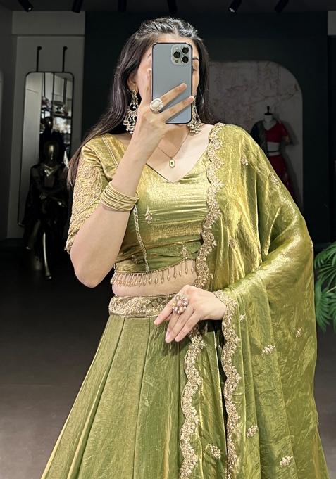 Green Embroiderd Blended Lehenga Set