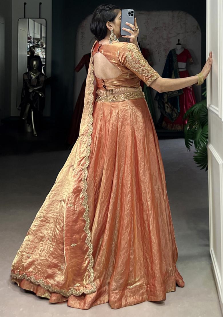 Orange Embroiderd Blended Lehenga Set