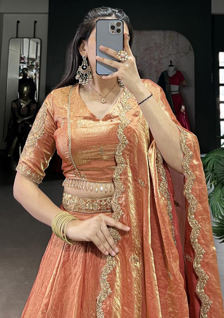 Orange Embroiderd Blended Lehenga Set - Indya