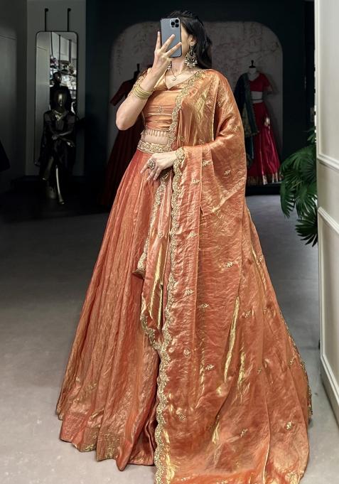 Orange Embroiderd Blended Lehenga Set