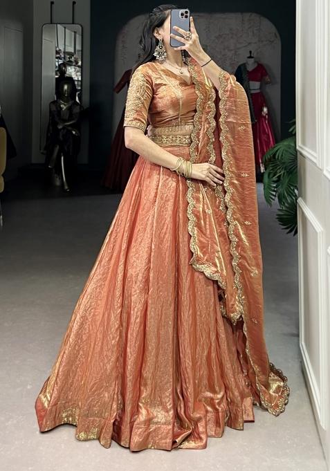 Orange Embroiderd Blended Lehenga Set
