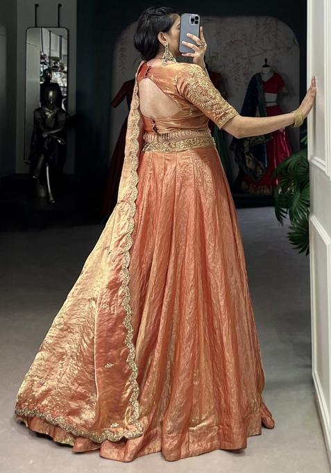 Orange Embroiderd Blended Lehenga Set