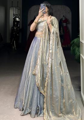 Blue Embroiderd Blended Lehenga Set