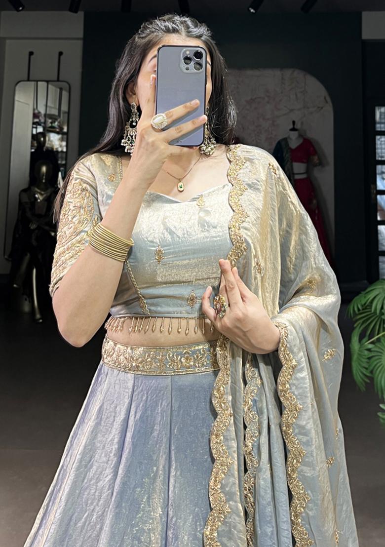 Blue Embroiderd Blended Lehenga Set - Indya