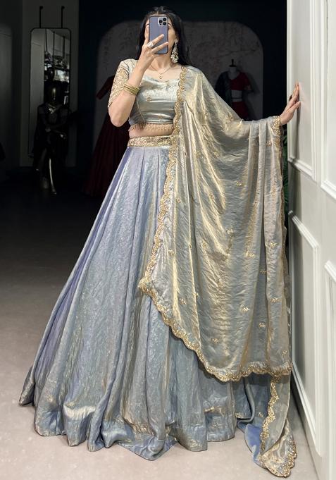 Blue Embroiderd Blended Lehenga Set