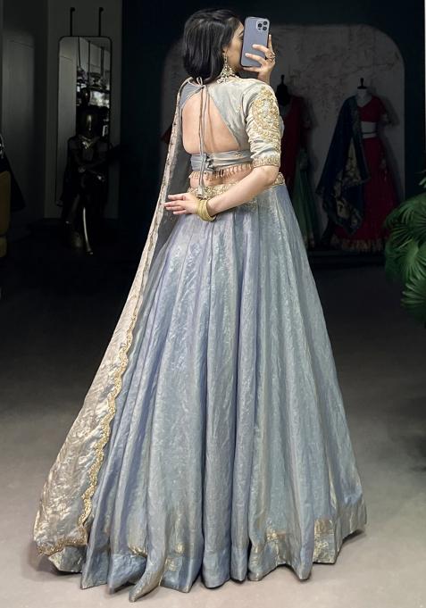 Blue Embroiderd Blended Lehenga Set
