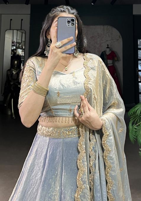 Blue Embroiderd Blended Lehenga Set