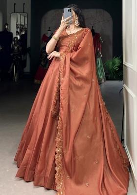 Orange Embroiderd Blended Lehenga Set