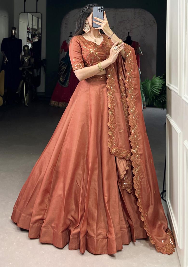 Orange Embroiderd Blended Lehenga Set - Indya