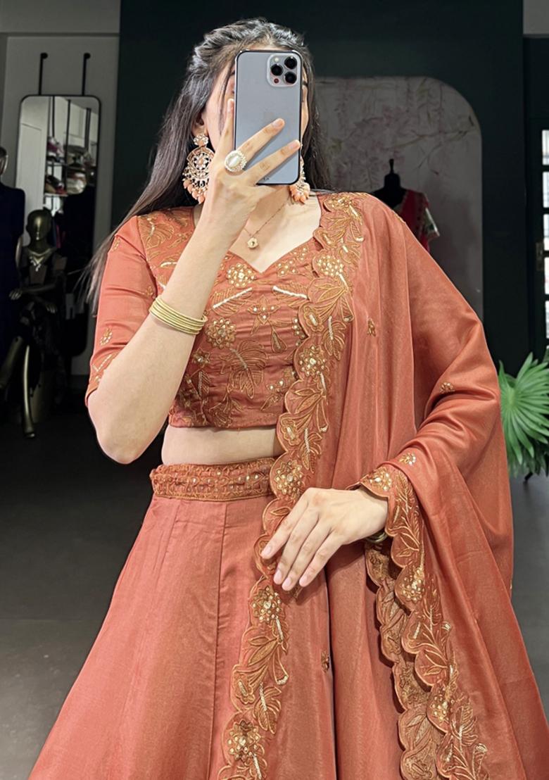 Orange Embroiderd Blended Lehenga Set - Indya