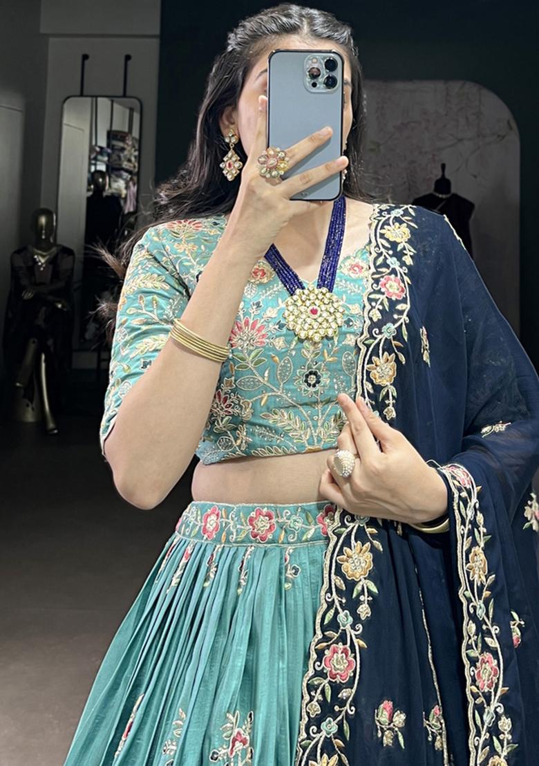 Green Embroiderd Silk Lehenga Set - Indya