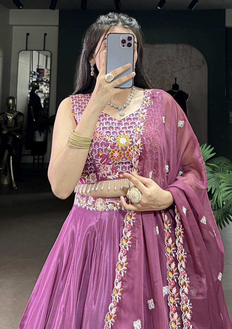 Pink Embroiderd Silk Lehenga Set - Indya