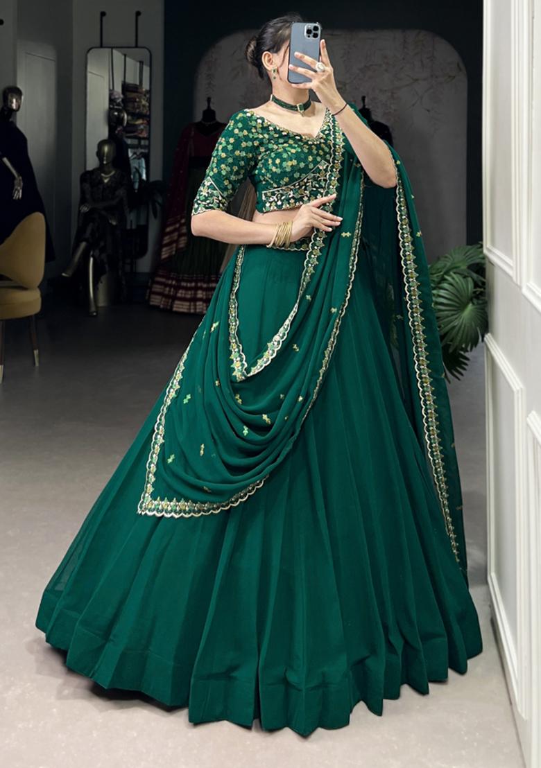 Green Embroiderd Georgette Lehenga Set - Indya