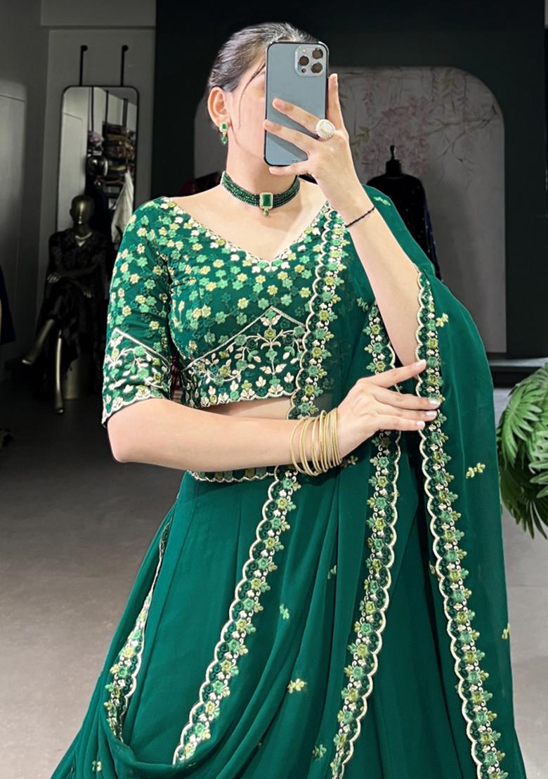 Green Embroiderd Georgette Lehenga Set - Indya