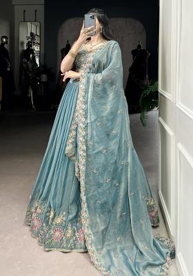 Green Embroiderd Blended Lehenga Set
