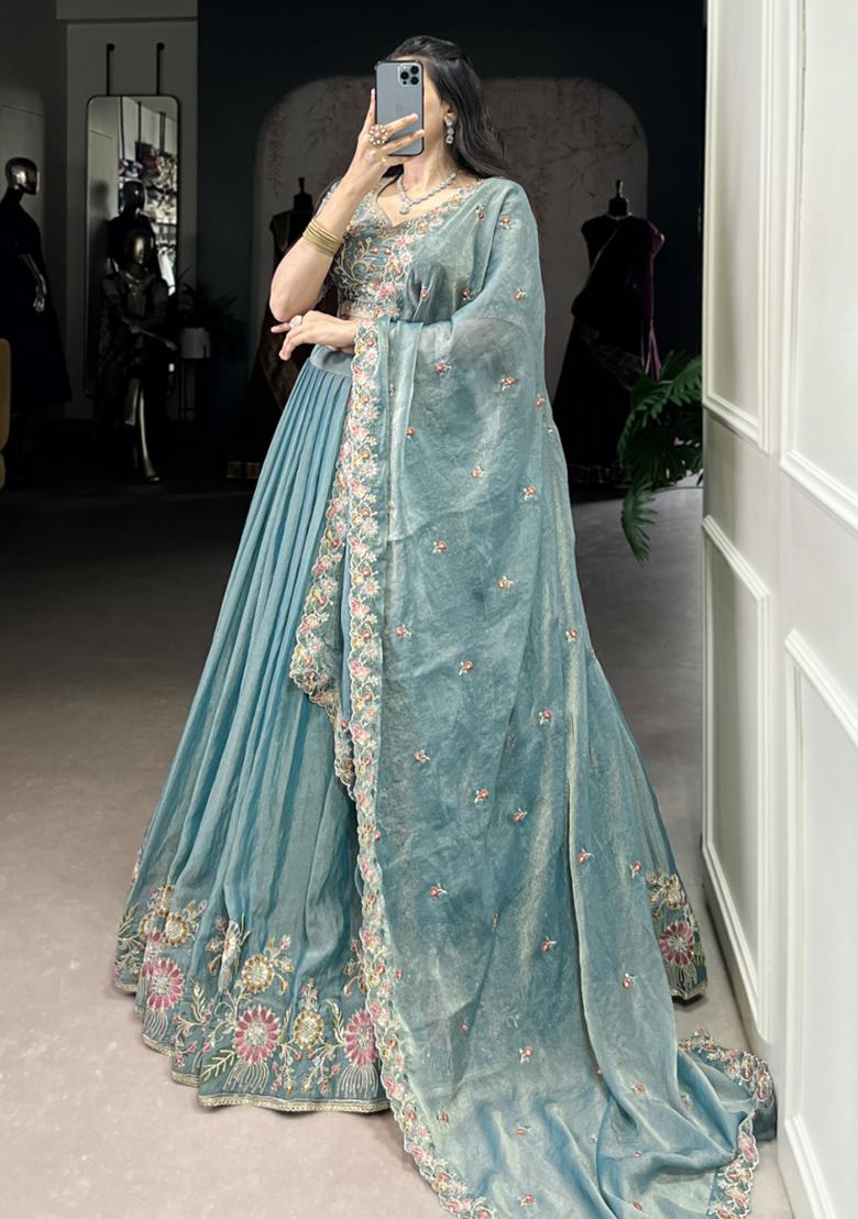 Green Embroiderd Blended Lehenga Set - Indya