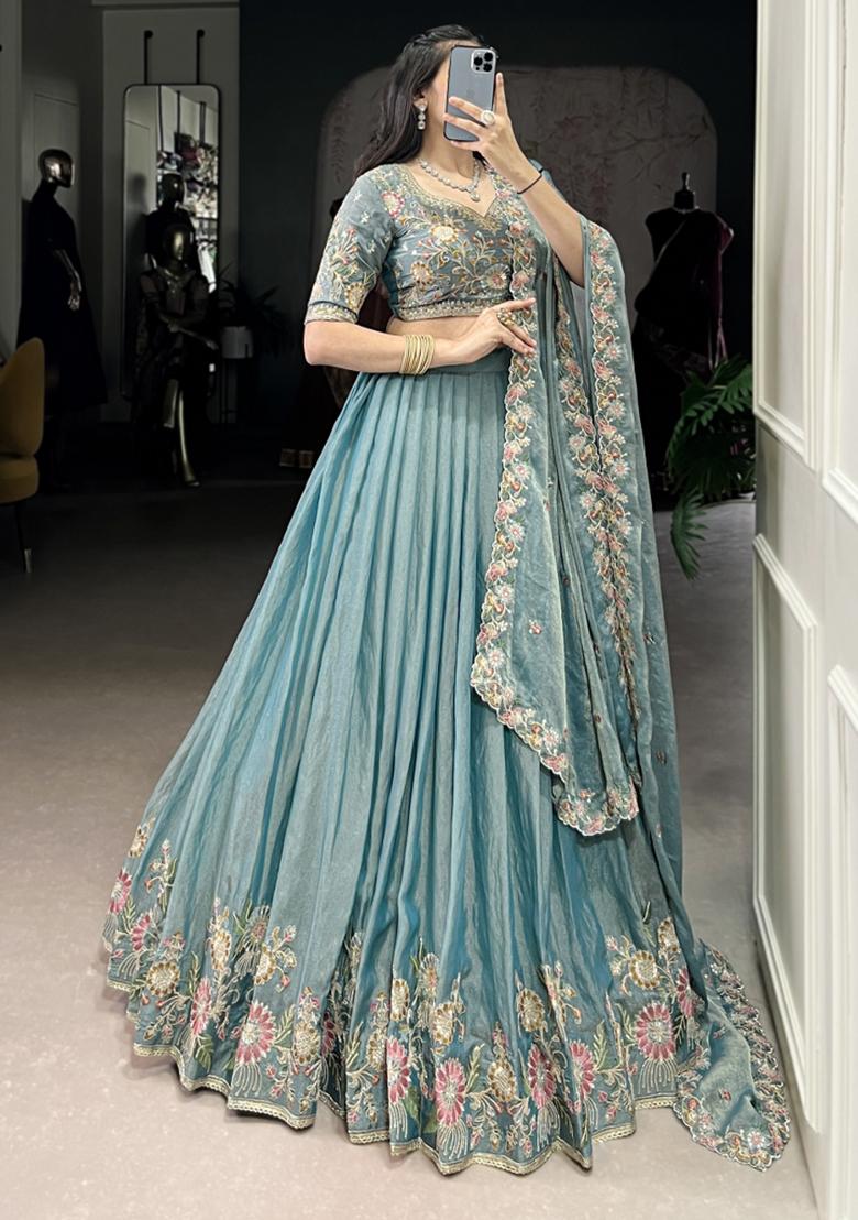 Green Embroiderd Blended Lehenga Set