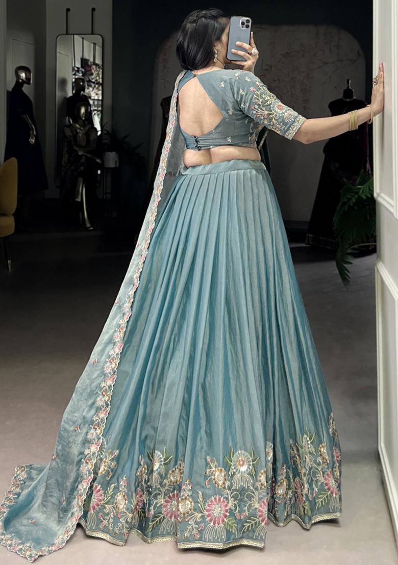 Green Embroiderd Blended Lehenga Set - Indya