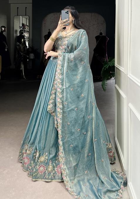 Green Embroiderd Blended Lehenga Set