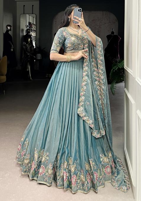 Green Embroiderd Blended Lehenga Set