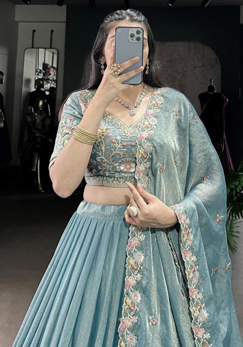 Green Embroiderd Blended Lehenga Set