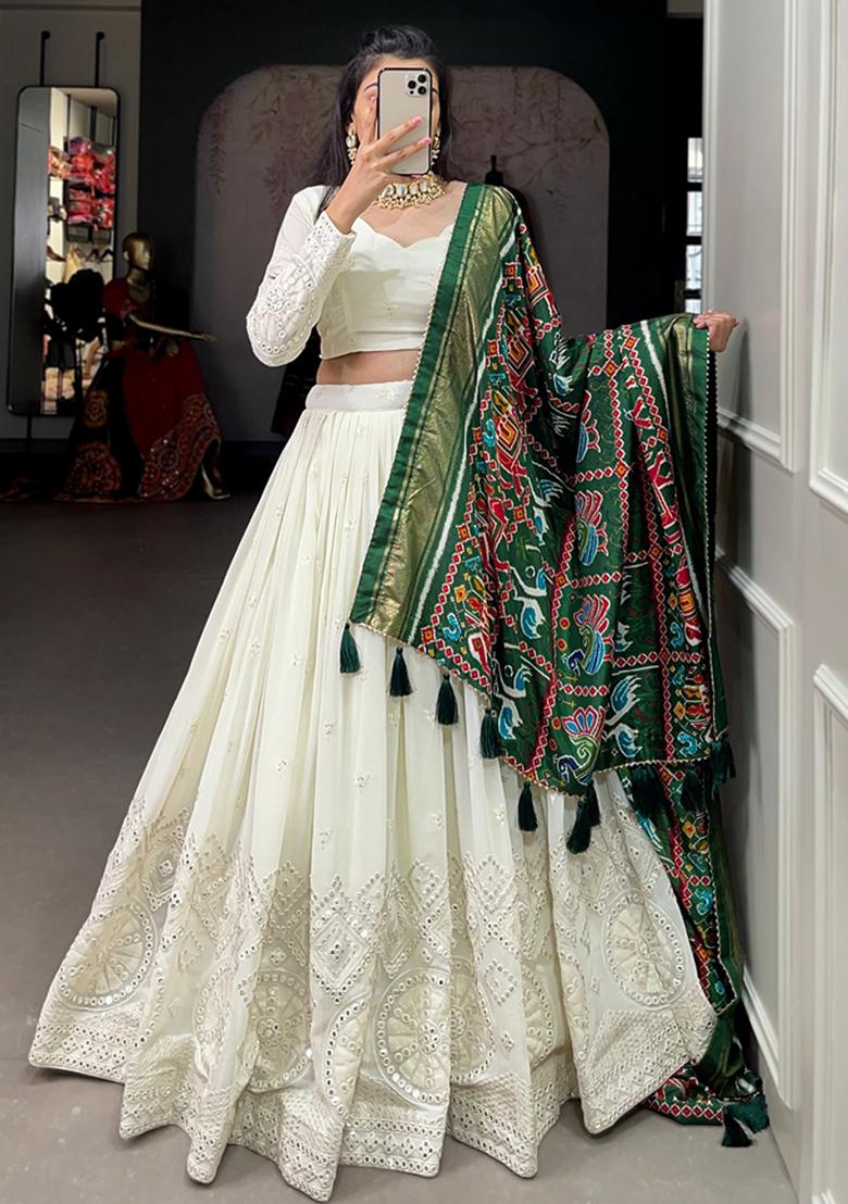 White Embroiderd Georgette Lehenga Set - Indya