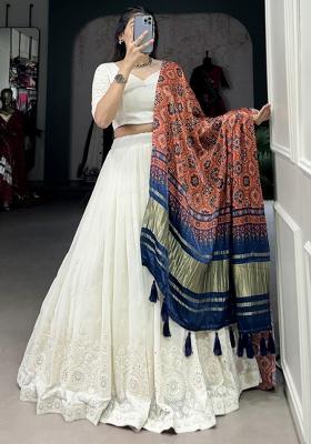 White Embroiderd Georgette Lehenga Set