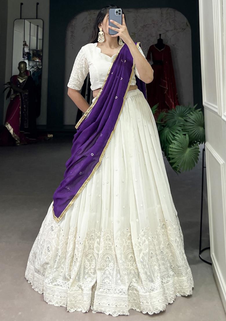 White Embroiderd Georgette Lehenga Set - Indya
