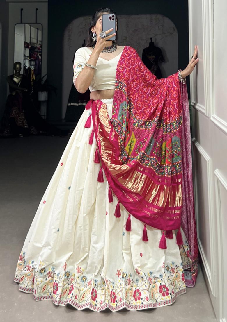 Pink Embroiderd Cotton Lehenga Set - Indya