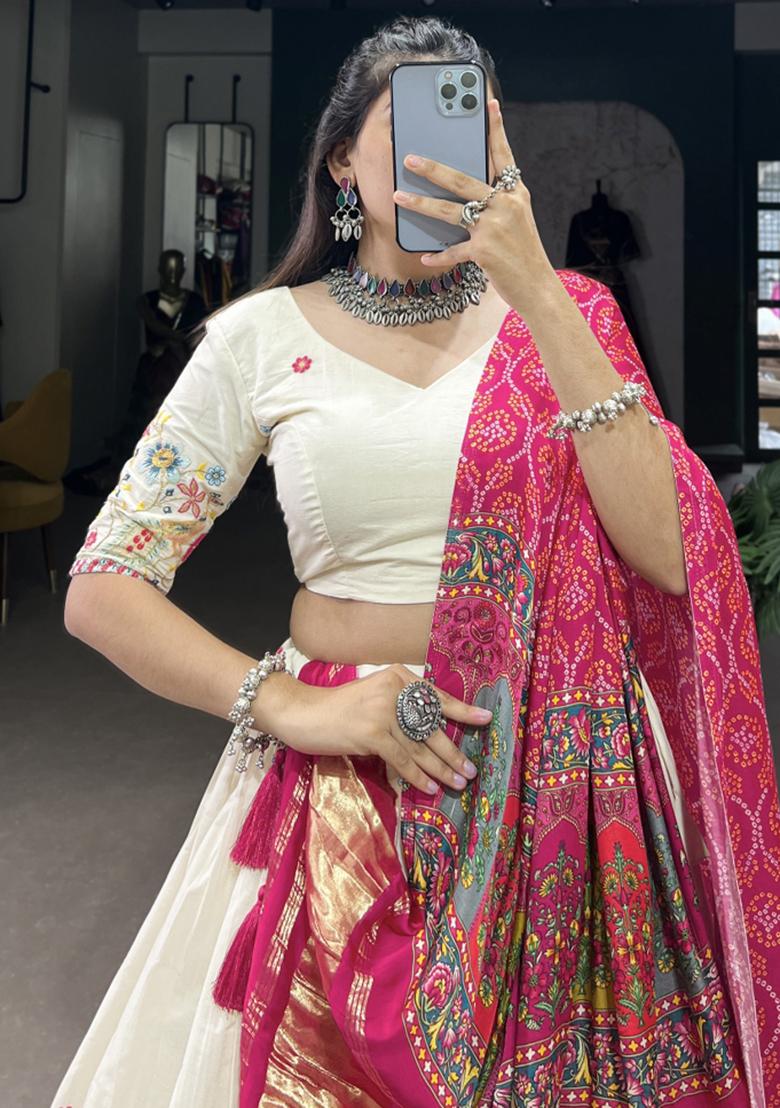 Pink Embroiderd Cotton Lehenga Set - Indya