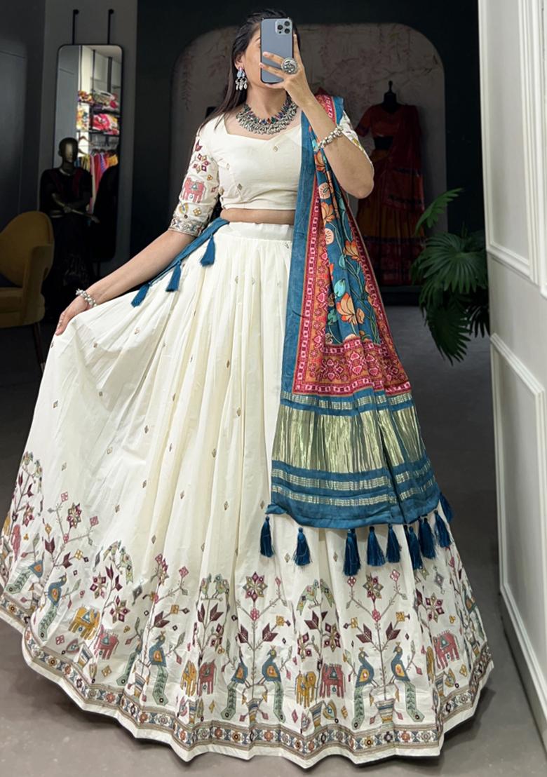 Blue Embroiderd Cotton Lehenga Set - Indya